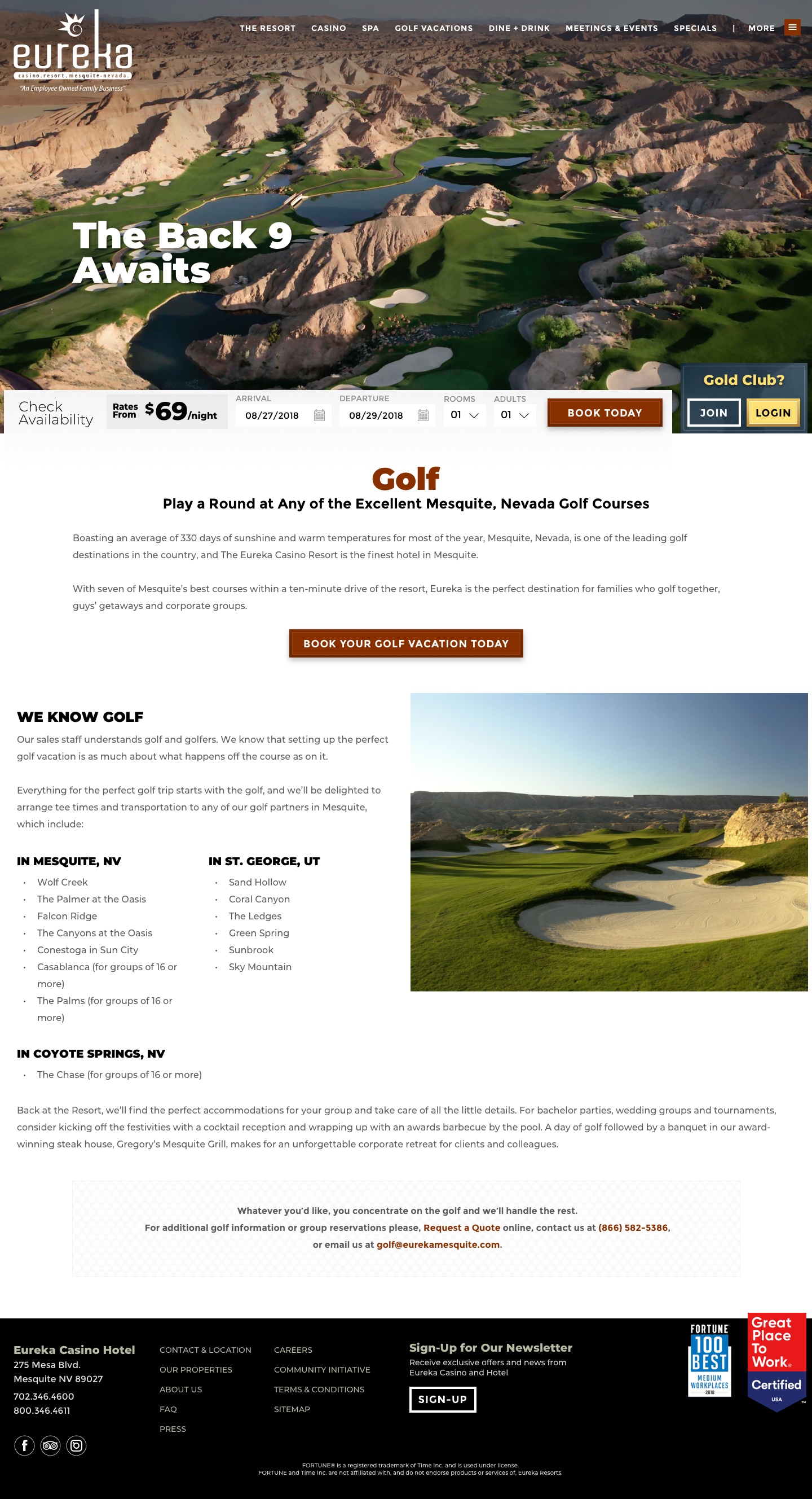 Eureka Casino Resort - Golf Page Design